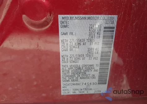 2019 Nissan Rogue Sl из США, поврежденный, VIN 5N1AT2MV8KC745430